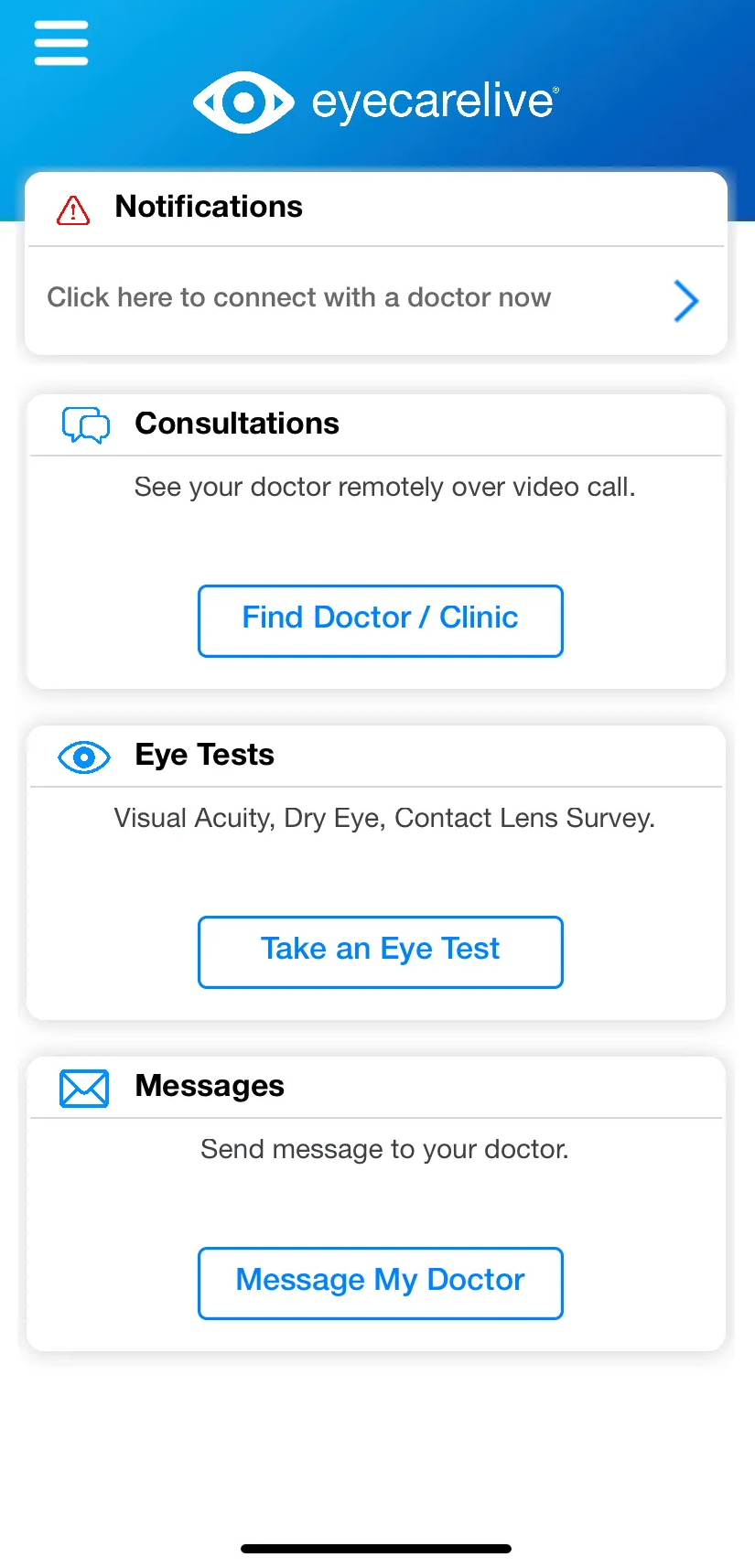 A screenshot of the eyecarelive app on a cell phone.
