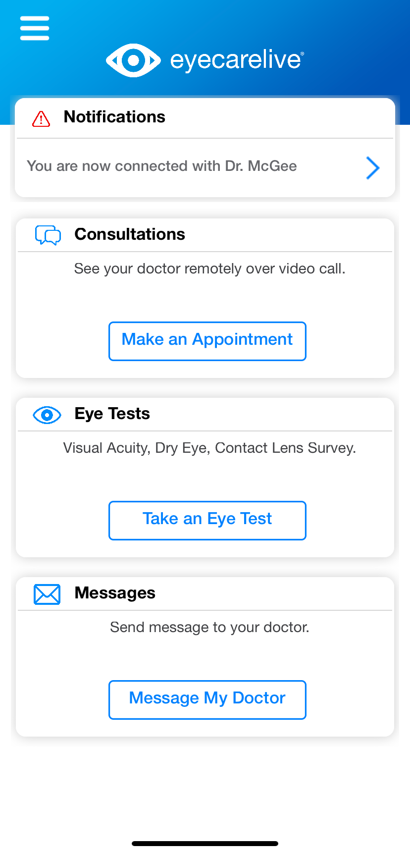 A screenshot of an eye care app on a cell phone.