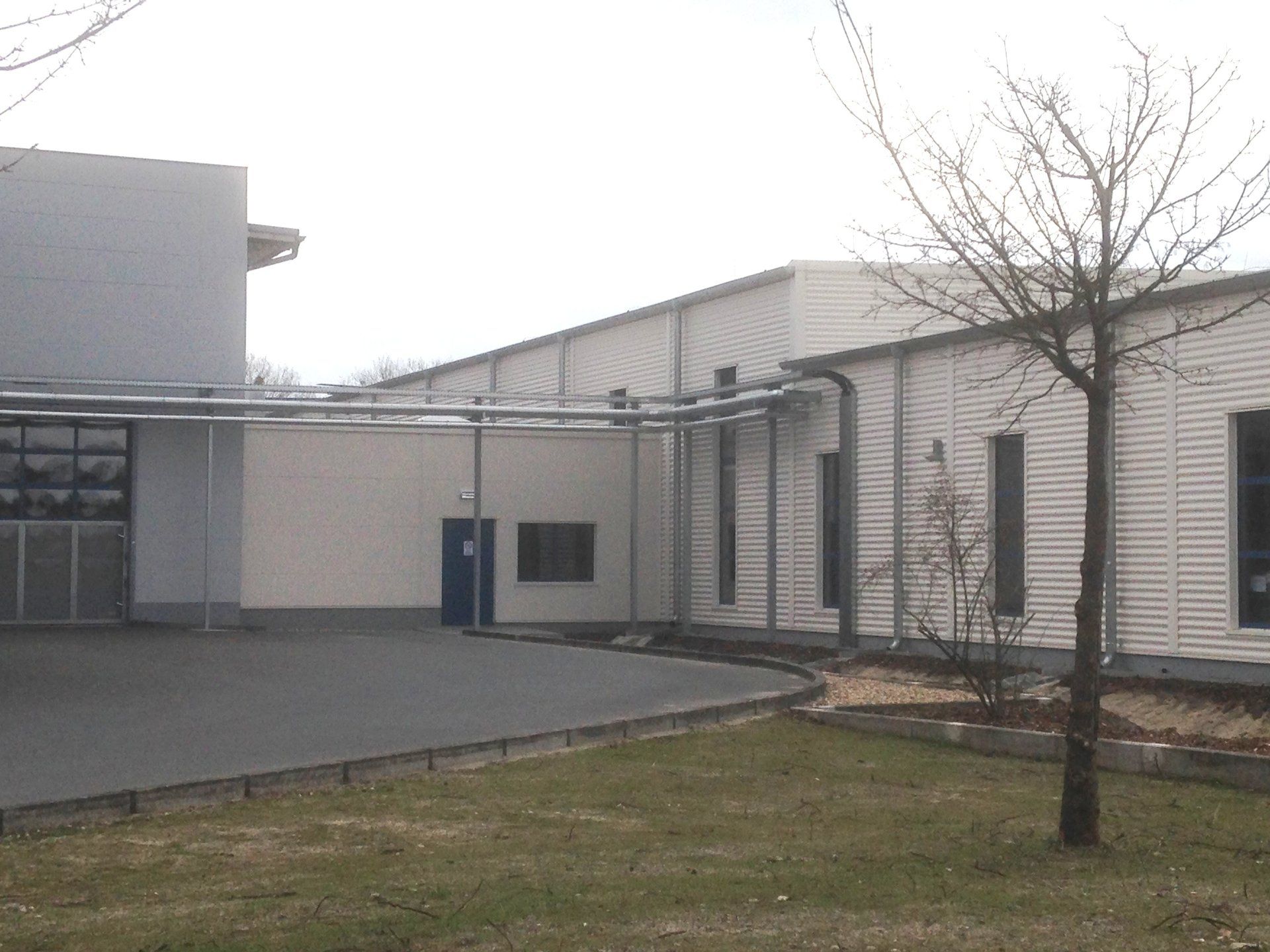 A large white building with a tree in front of it