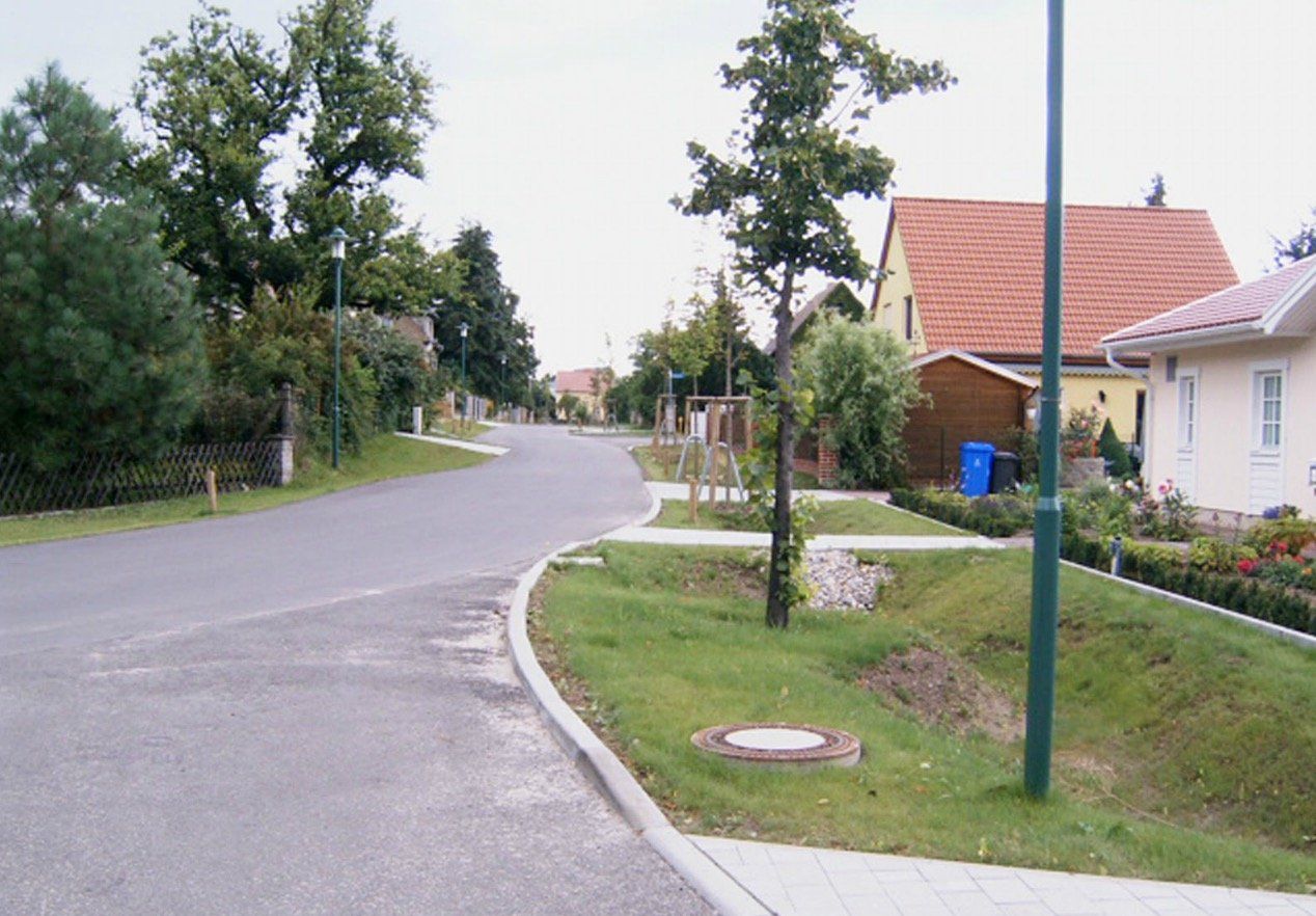 A street with houses and trees on both sides of it
