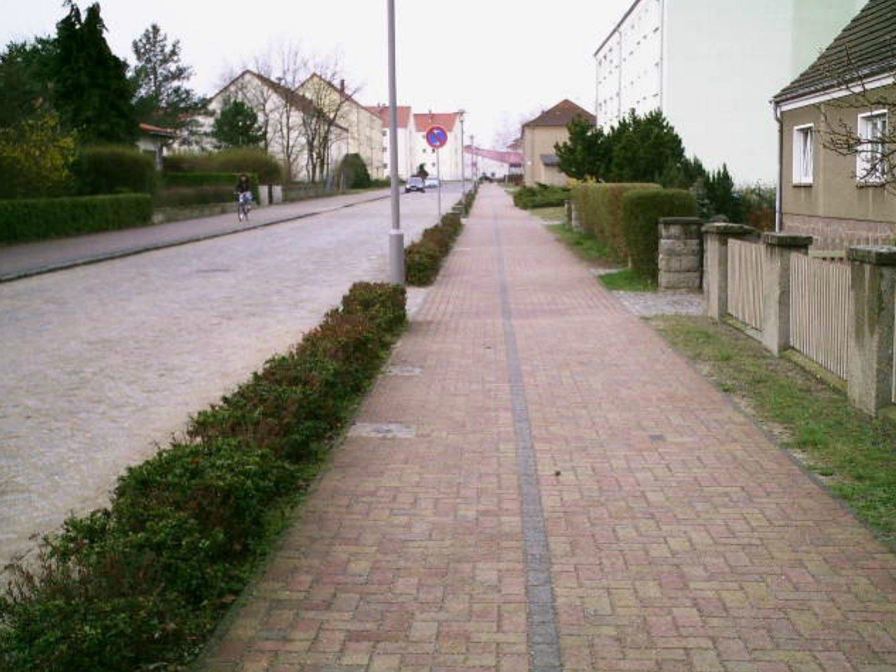 A brick sidewalk with a few bushes on the side of it