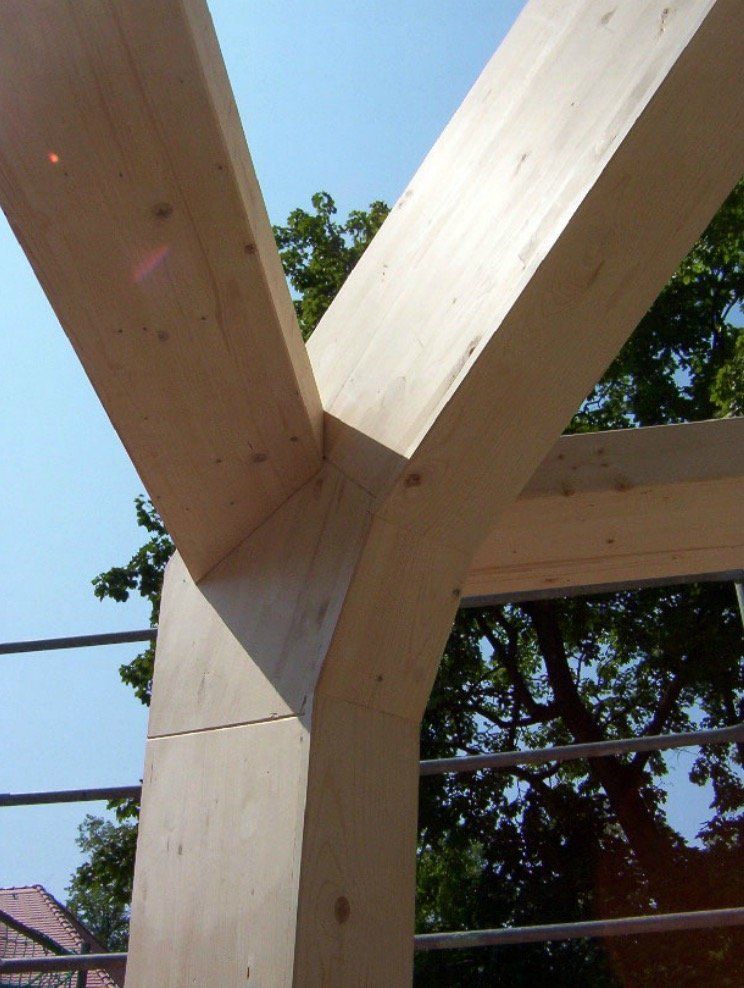 A wooden structure with a blue sky in the background