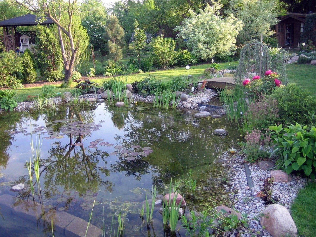 A pond in a garden with a gazebo in the background