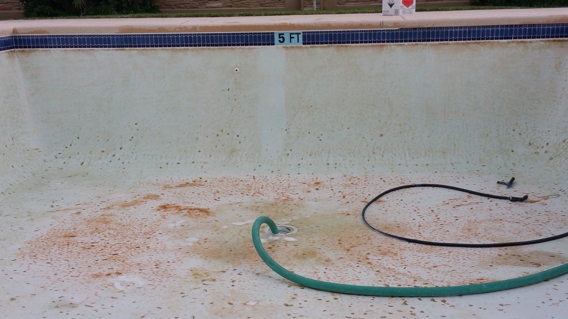 Empty swimming pool with a green hose and black cable on the dirty floor.