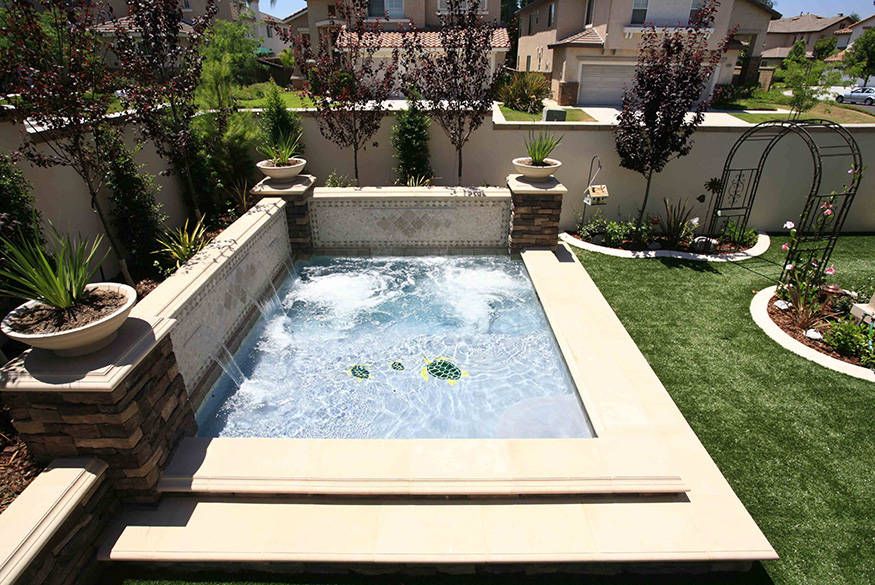 Small backyard pool with light stone decking, potted plants, and a grassy border in bright sunlight