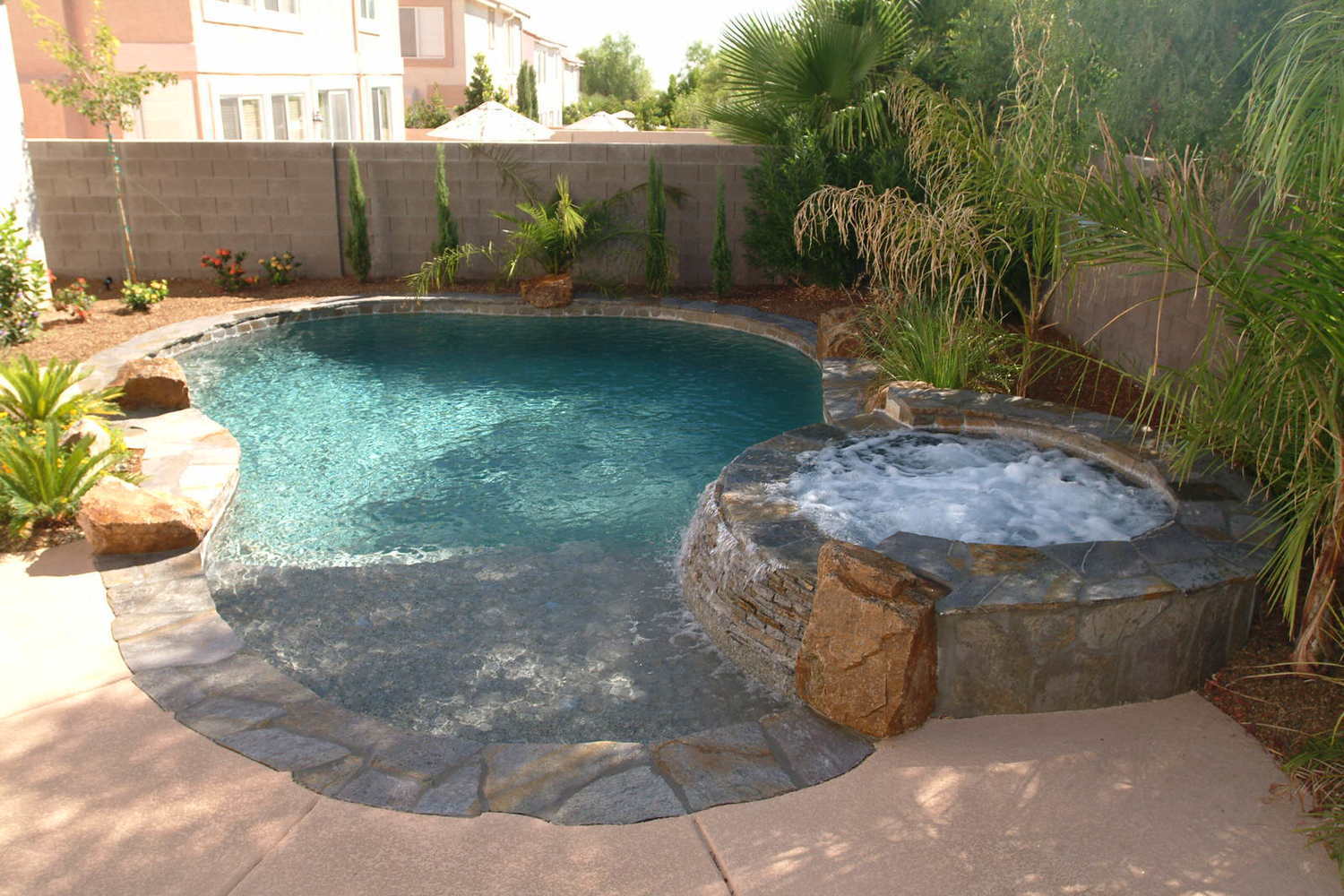 Backyard pool with a stone hot tub, surrounded by palm trees and a patio in sunlight