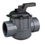 Gray plastic in-line valve with black handle and side pipe connections