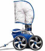 Blue and silver baby stroller with large wheels and a white canopy