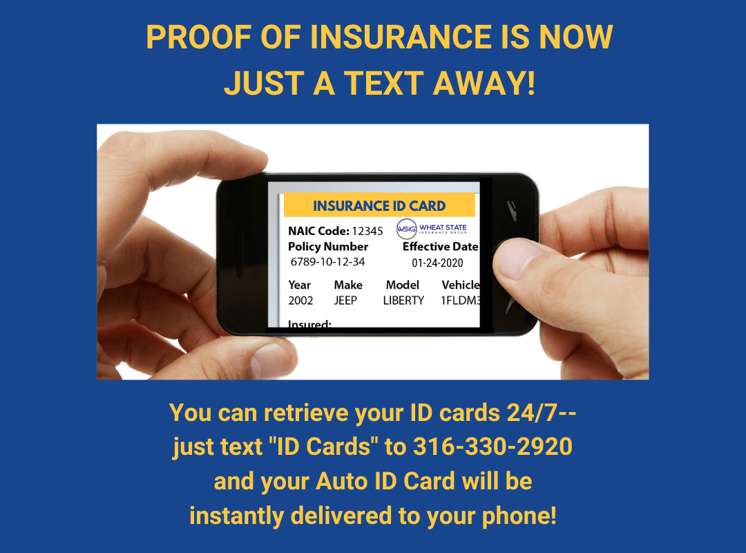 Hands holding a phone displaying an insurance ID card. Text: get your ID cards 24/7 by texting