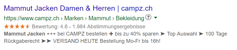 Rich Snippet Beispiel campz.ch (Google Suchergebnis fĂźr Jacken, 2019)