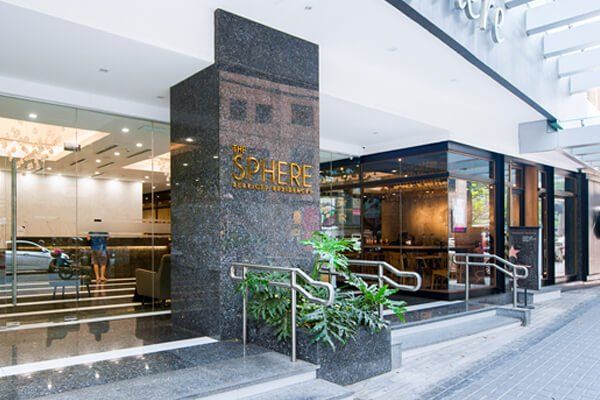 A large building with a sign that says sphere on it