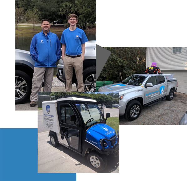two men are standing next to a truck and a golf cart .