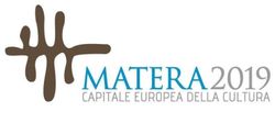 Logo for Matera 2019, European Capital of Culture. Brown abstract shape, teal 