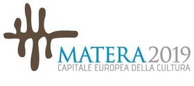 Logo for Matera 2019, European Capital of Culture. Brown abstract shape, teal