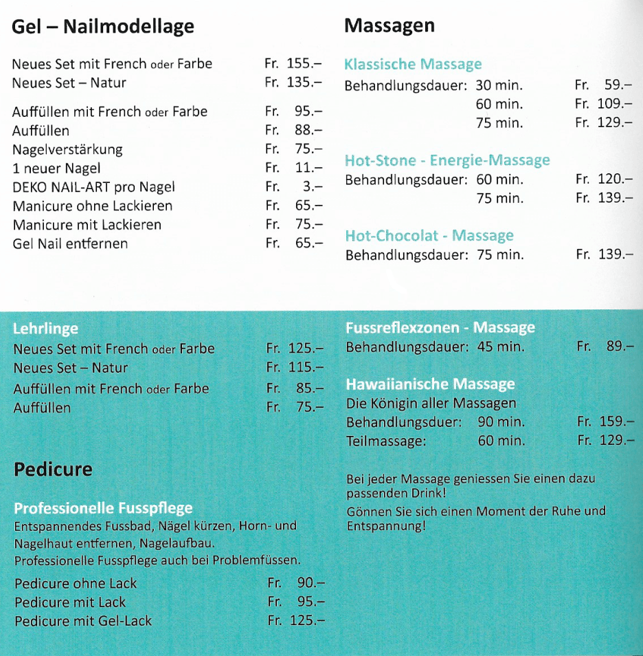 Eine Broschüre für ein Nagelstudio zeigt Preise für Gel und Massagen