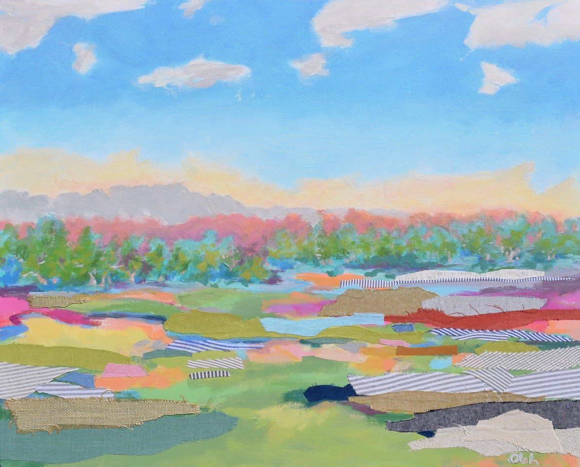 Treeline Mosaic, 24 x 30 x 1.50 in, Mixed media with textiles on linen, $1400 ($140/mo)