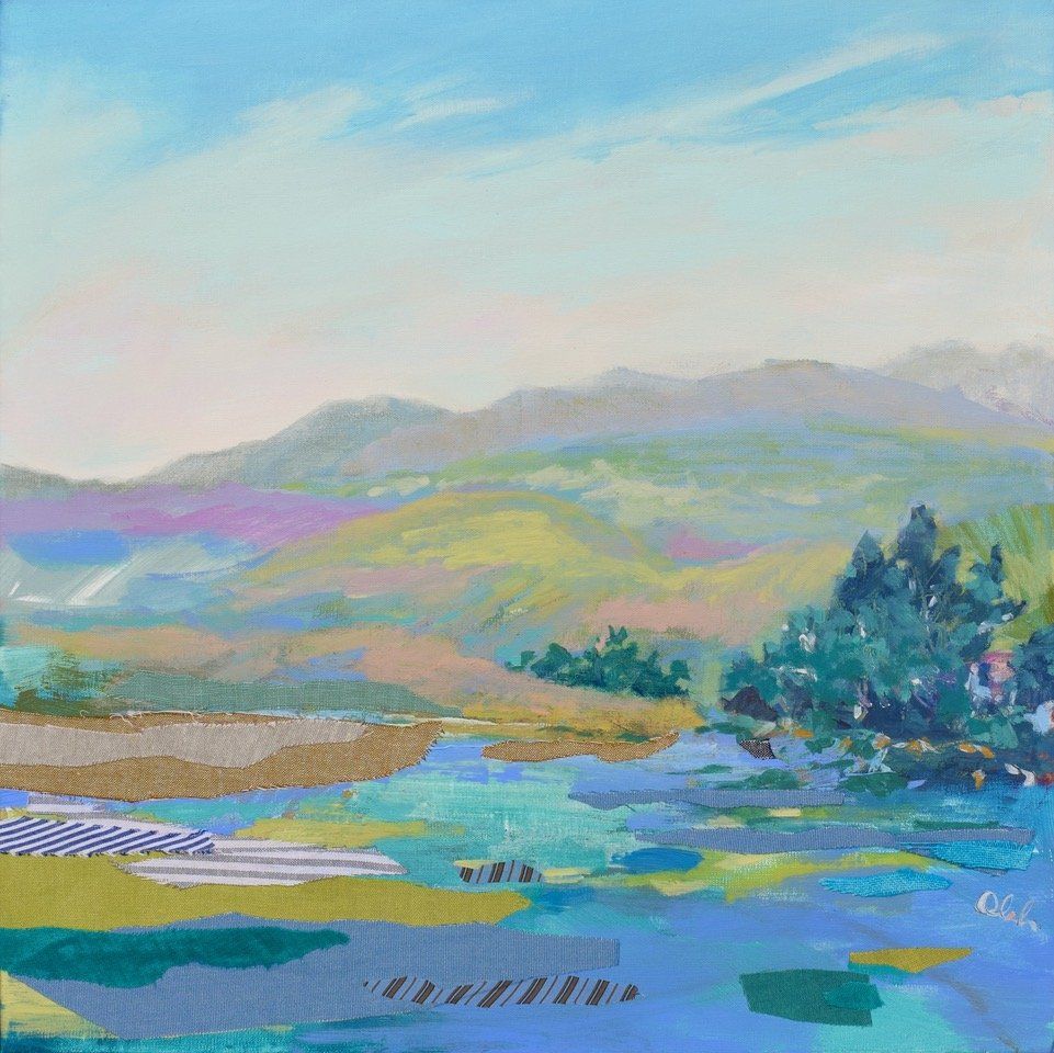Valley Layers, 18 x 18 x 1.50 in, Mixed media with textiles on linen, $650