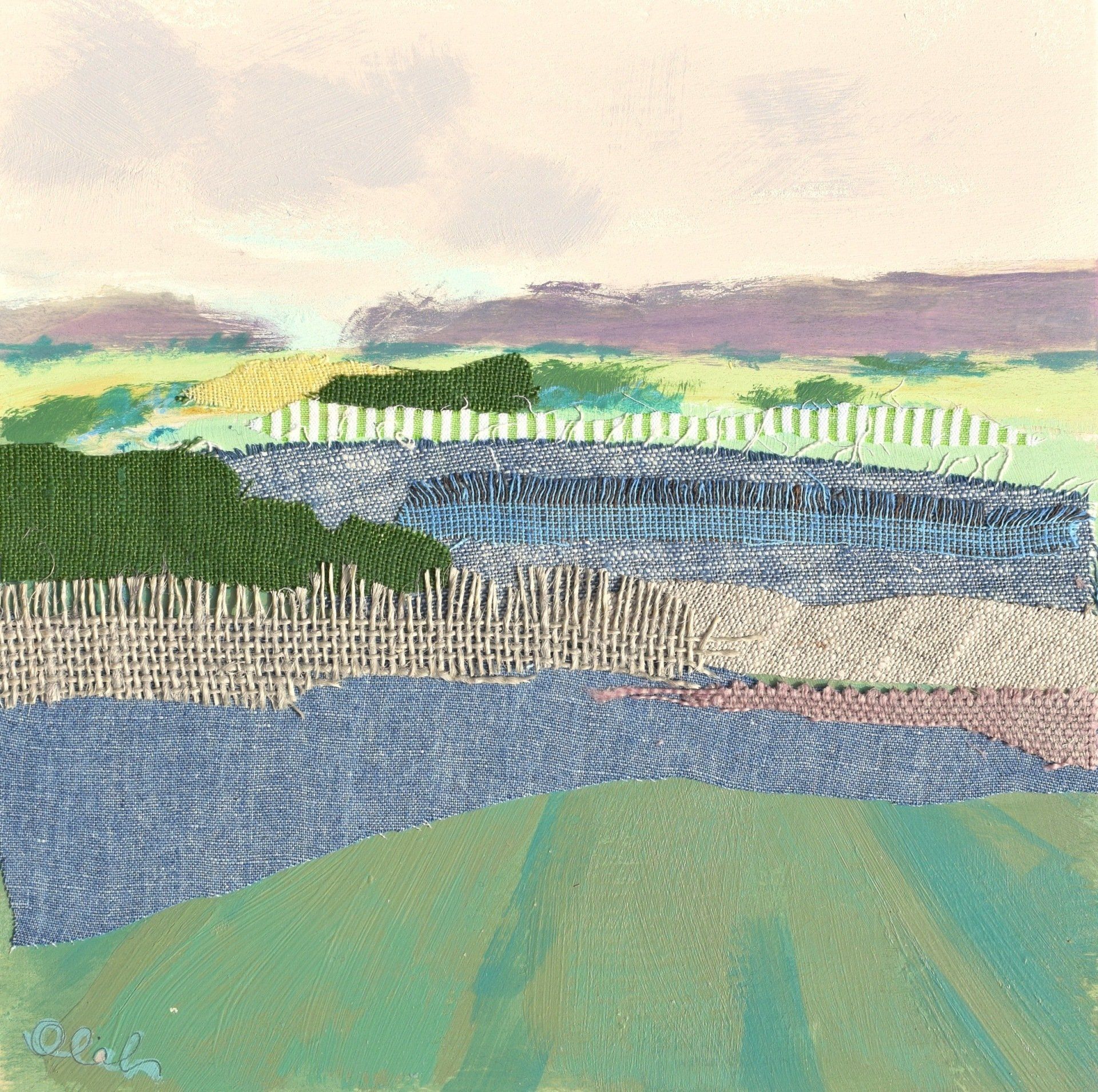 Karin Olah, Valley Layers 2, Mixed media with textiles on wood, 8 x 8 x 1 in, $300
