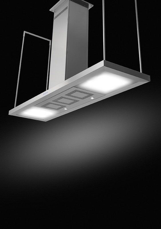 una cappa da cucina sospesa al soffitto con delle luci