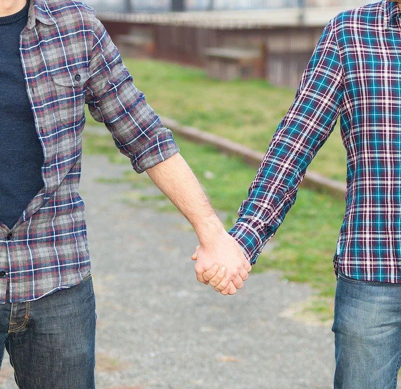 Two men in plaid shirts are holding hands