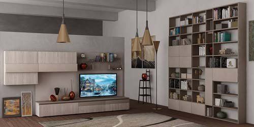 soggiorno con libreria e tv
