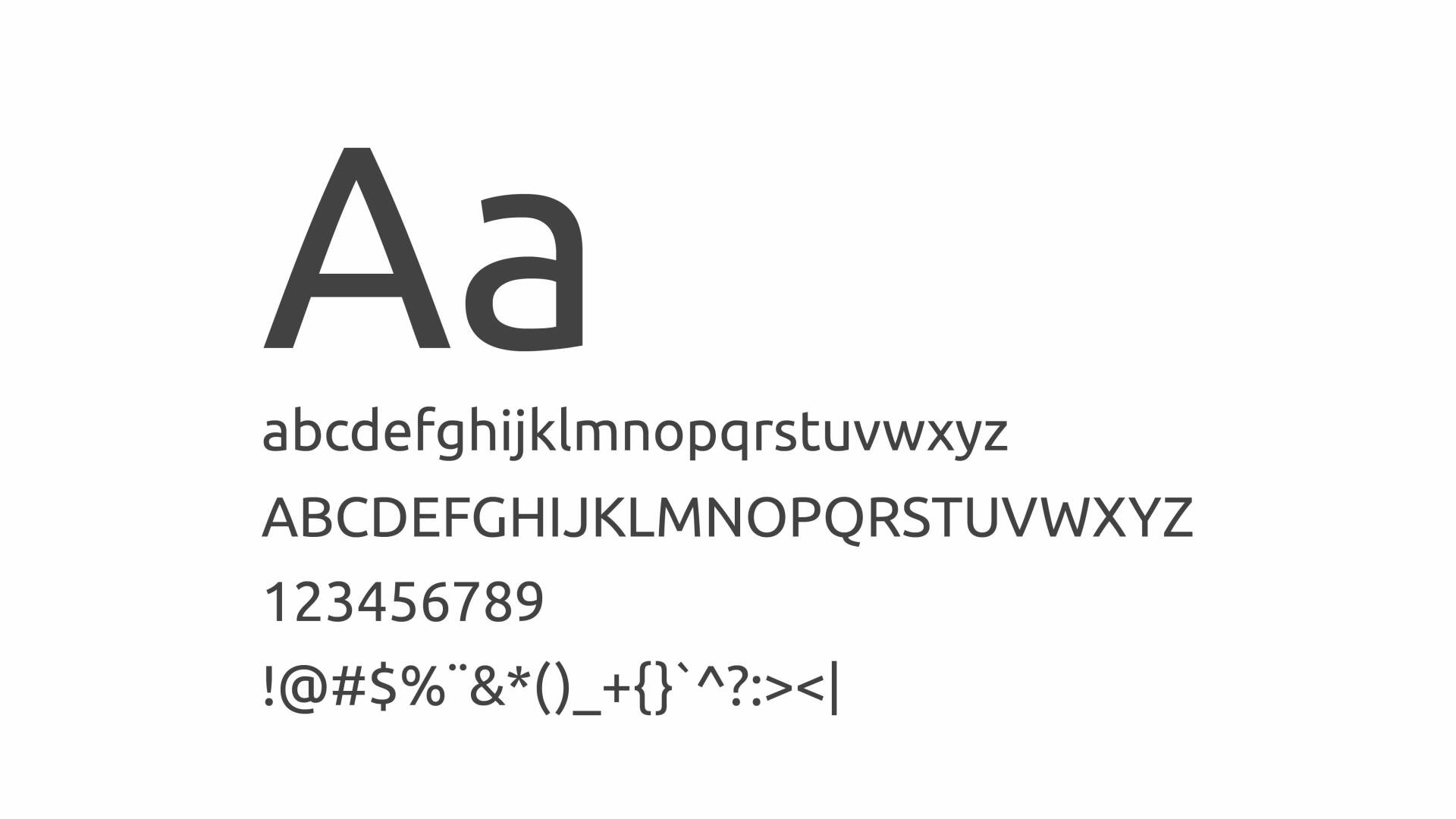 Exemplo de tipografia mostrando “Aa”, letras minúsculas e maiúsculas do alfabeto, números e símbolos em um fundo branco.
