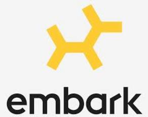 The logo for embark is yellow and black with a star in the middle.