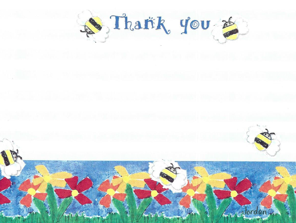 Thank you card with bees flying around the words and flowers across the bottom.