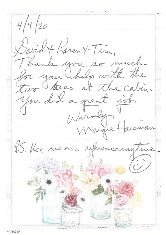 Handwritten note to David, Karen, and Tim thanking them for helping with two trees. Flowers are at the bottom.