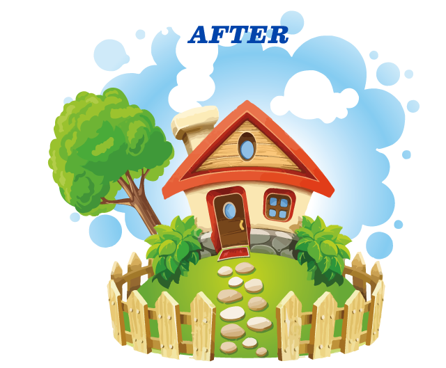 Cartoon house on a green hill, surrounded by a wooden fence, tree, and blue sky.