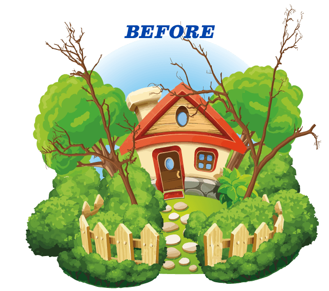 Cartoon house nestled in greenery, before renovation.