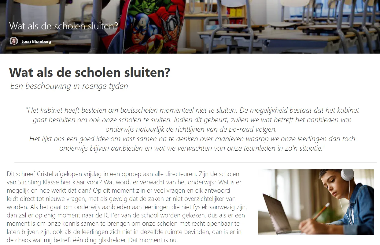 Voorpagina SharePointpost: Wat als de scholen sluiten?