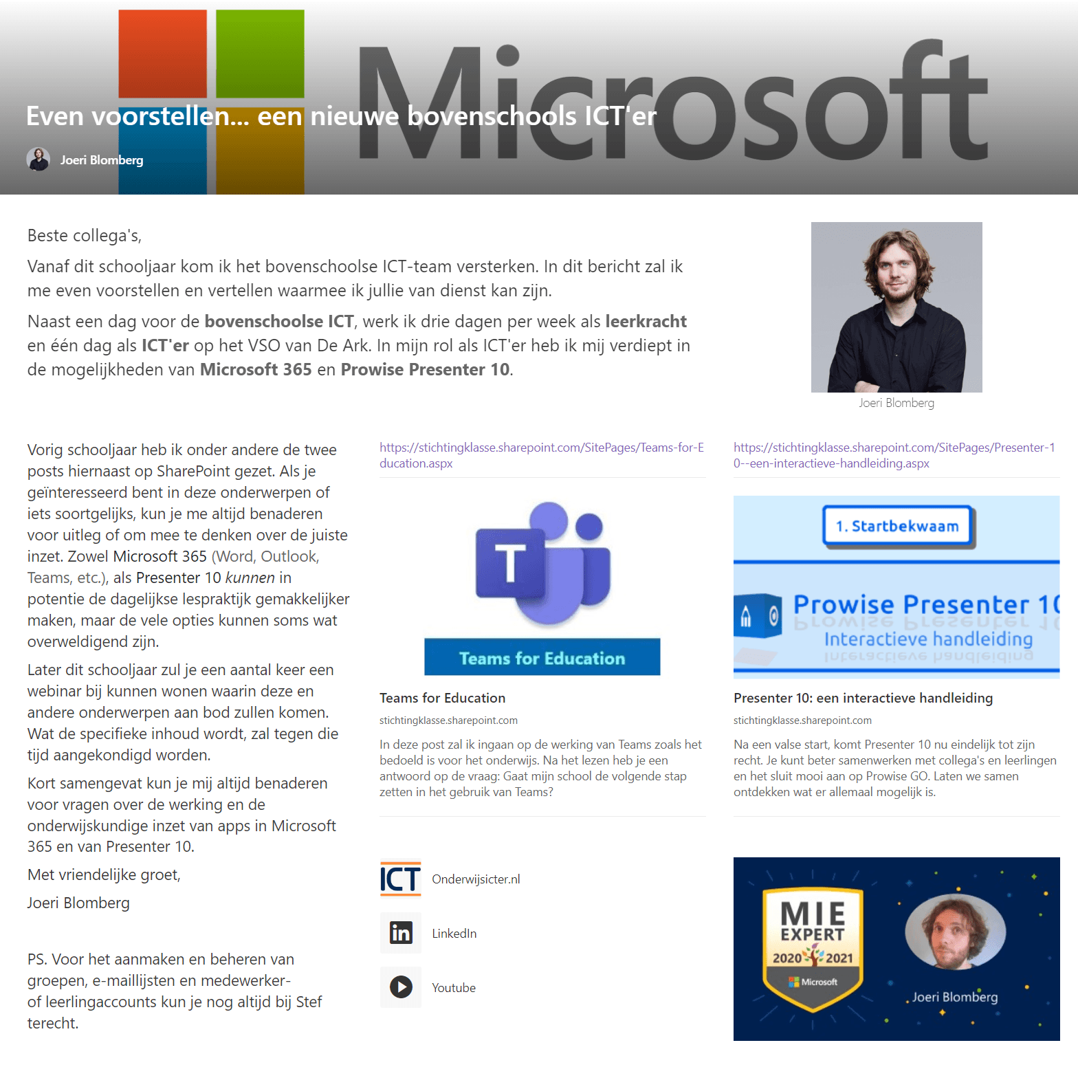 Voorpagina SharePointpost: Even voorstellen. Een nieuwe bovenschools ICT'er