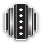 A black and white logo with white stars on it.