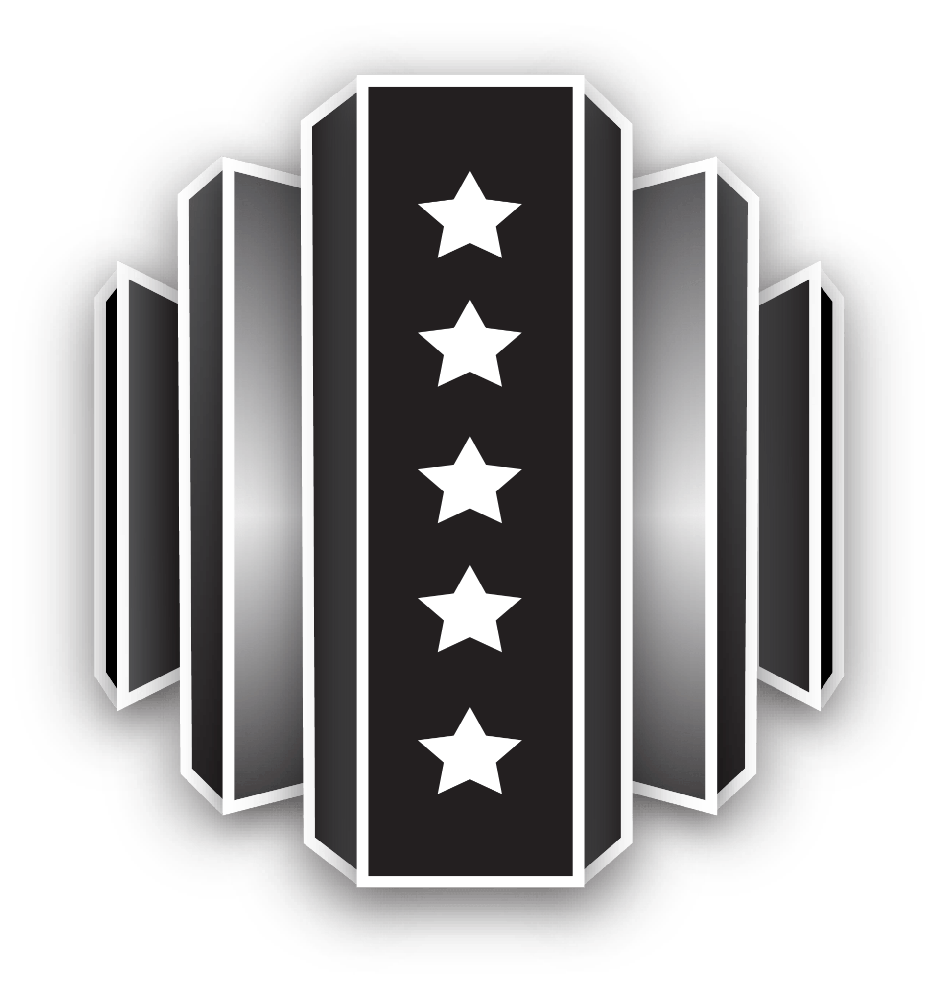 A black and white logo with white stars on it.
