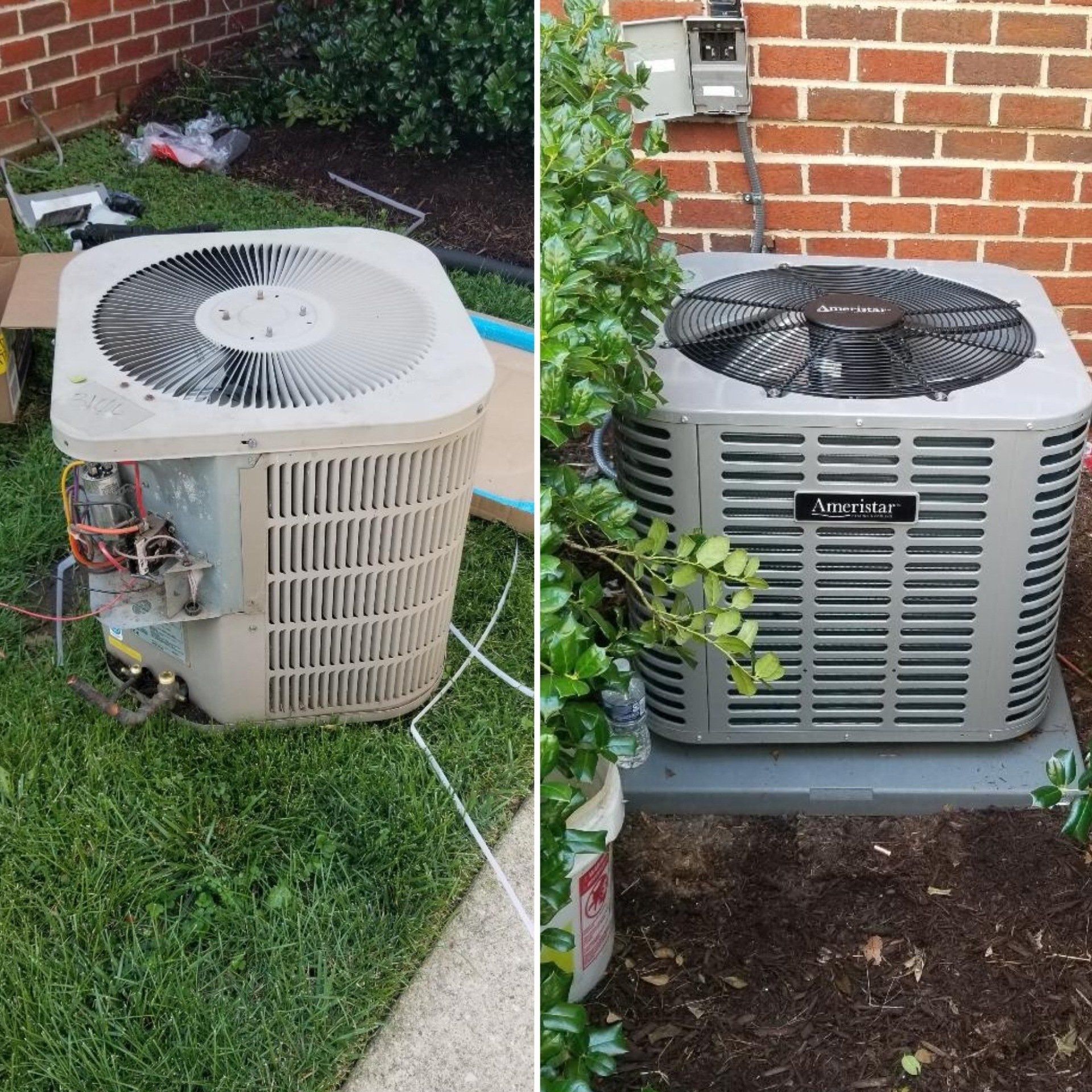 Before-and-after of an outdoor AC unit cleaned beside a brick wall and bushes.