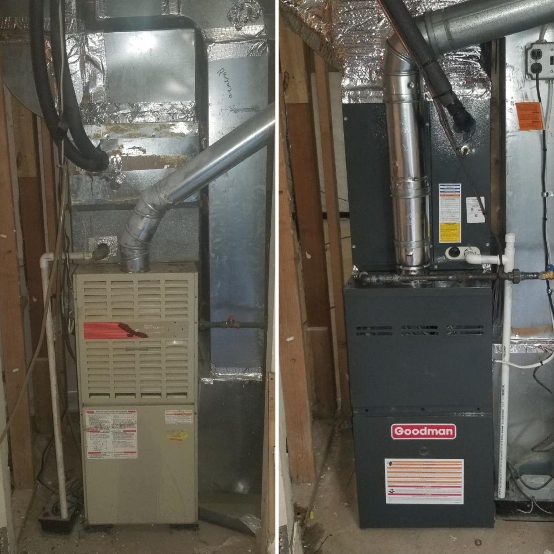 Side-by-side furnace units in a basement, one beige and one black, with exposed ductwork and pipes.