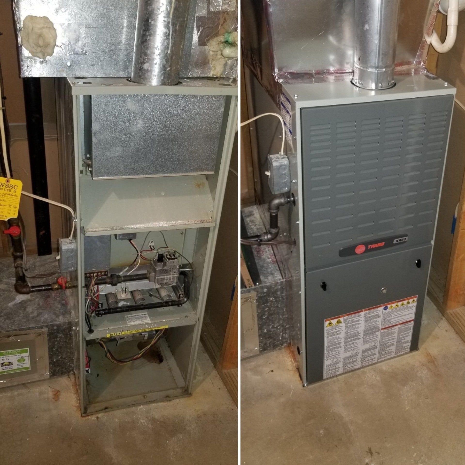 Open furnace with exposed wiring next to a closed gray furnace in a basement utility area
