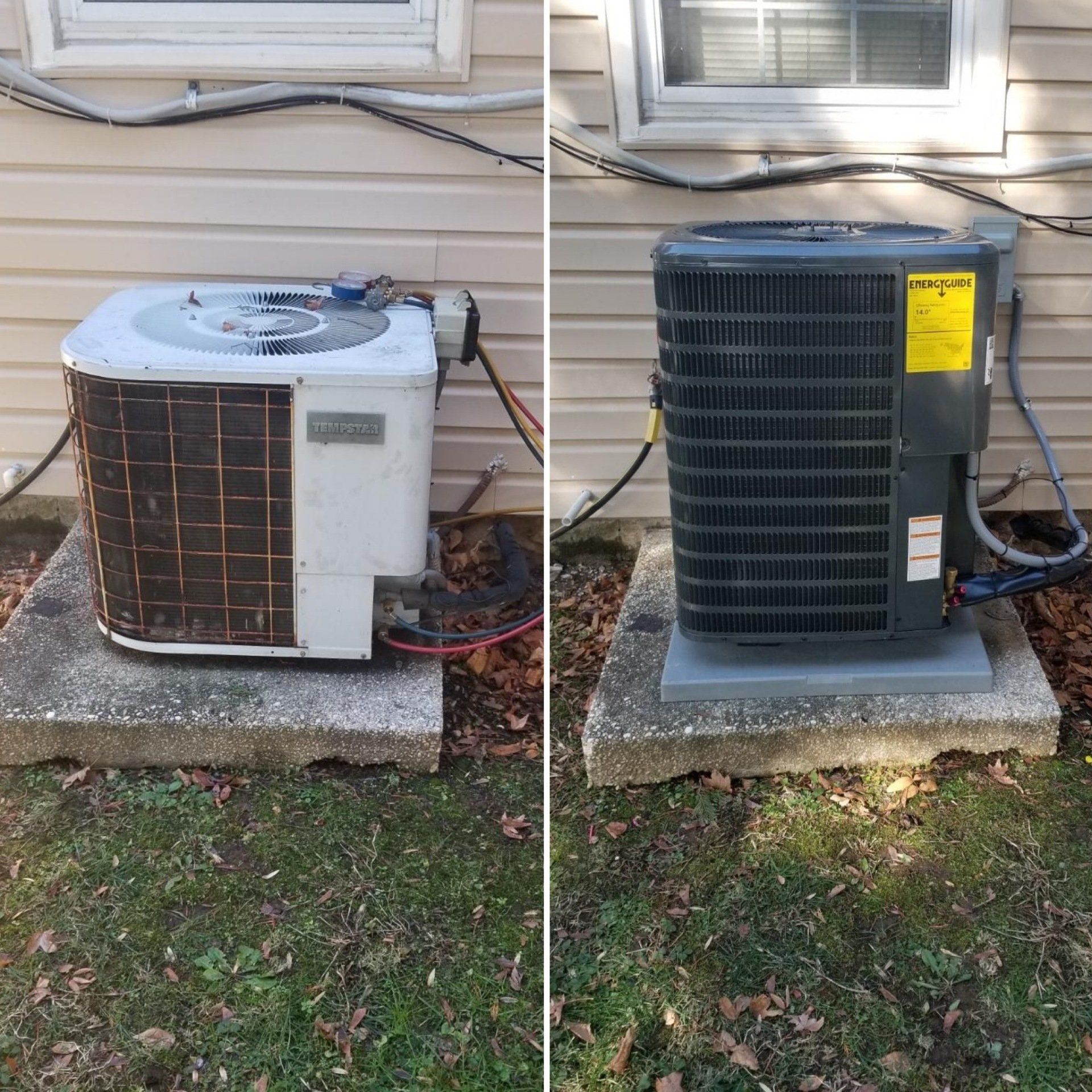 Before-and-after of a home HVAC condenser unit, rusted white on left and newer black unit on right.