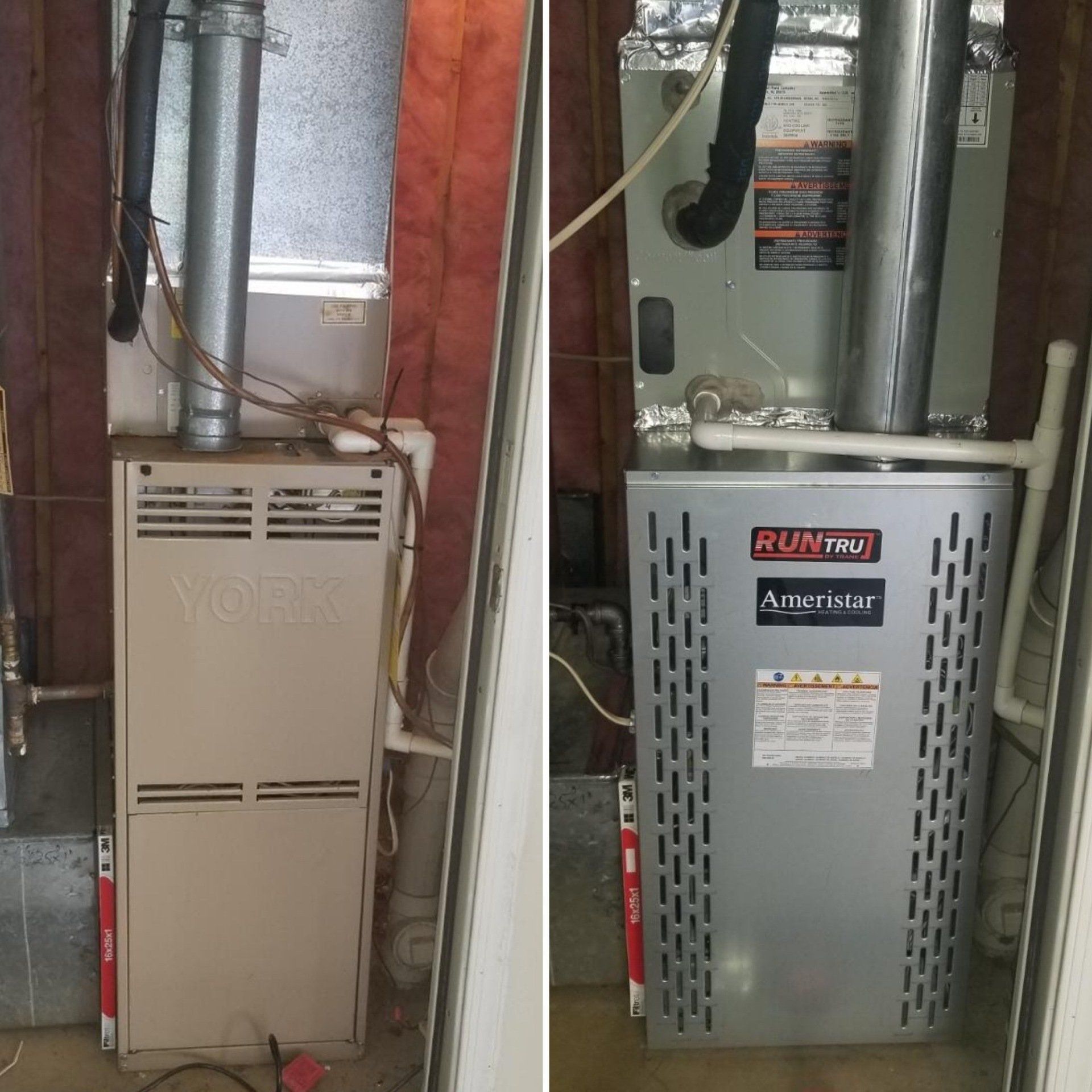 Two side-by-side furnaces in a basement, one beige and one gray, with visible ducts and piping.