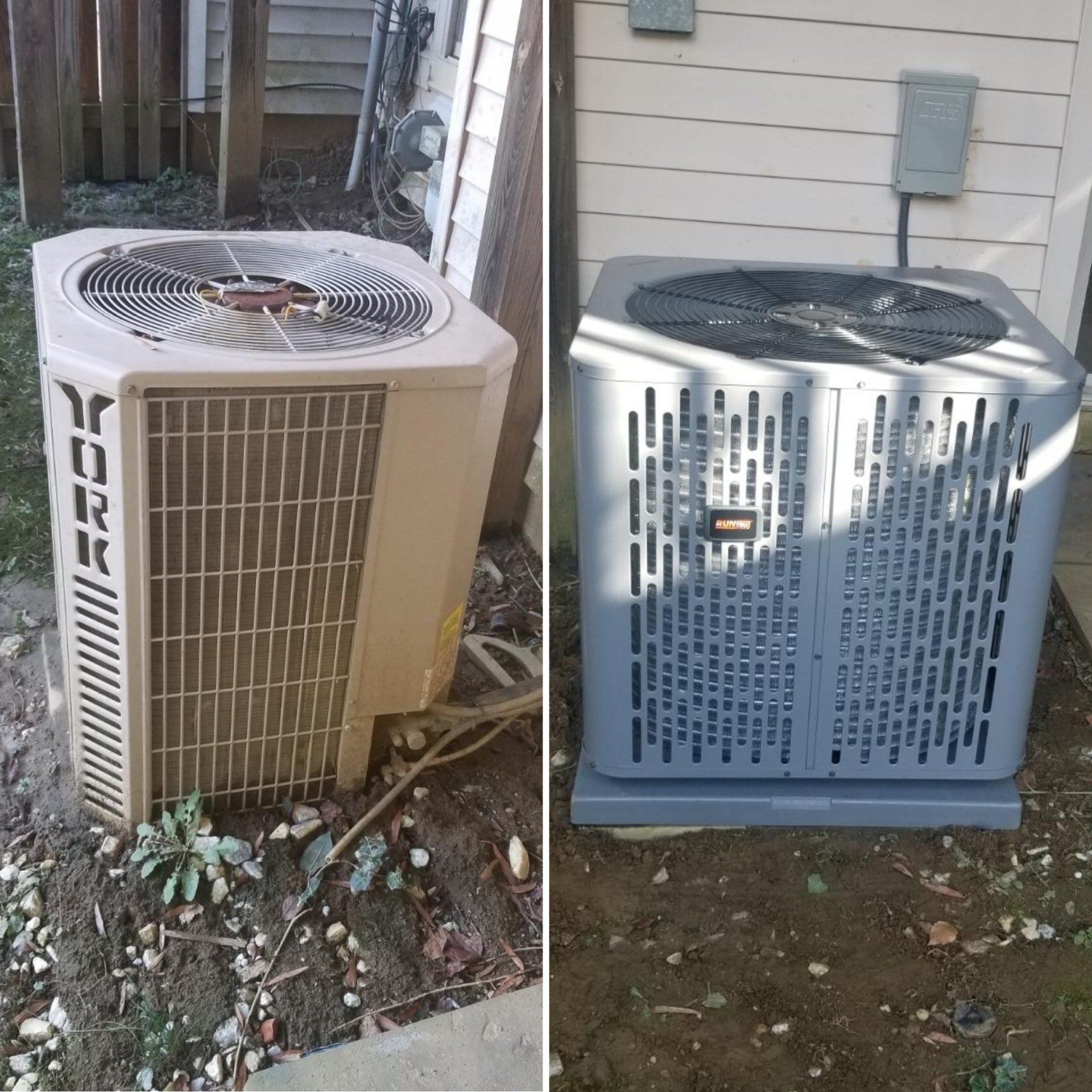 Side-by-side outdoor HVAC units: old beige unit and new white unit with slotted panels beside a house.