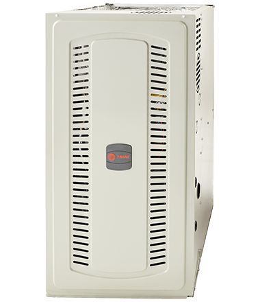 Beige furnace cabinet with front vents and a small center logo panel