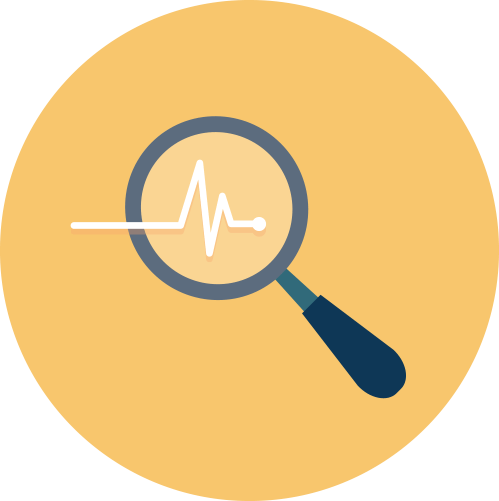Magnifying glass over a heart rate monitor line chart, on a yellow circle.