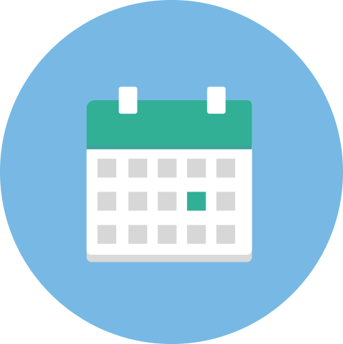 Calendar icon, light blue circle with a green and white calendar in the center. One square highlighted in green.