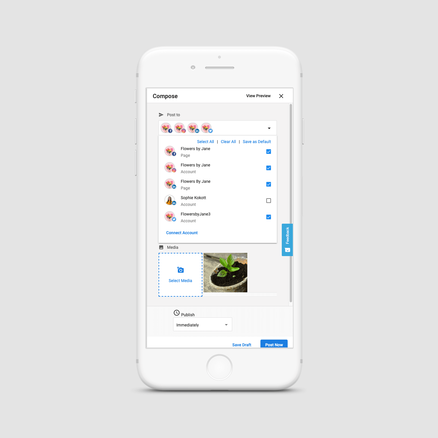 Mobile app interface displaying a list of task updates, user profiles, and a photo of a small plant.