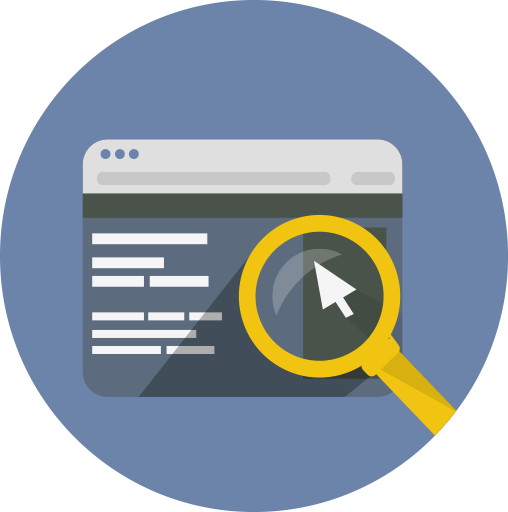 Browser window with magnifying glass, cursor hovering over content, blue background.