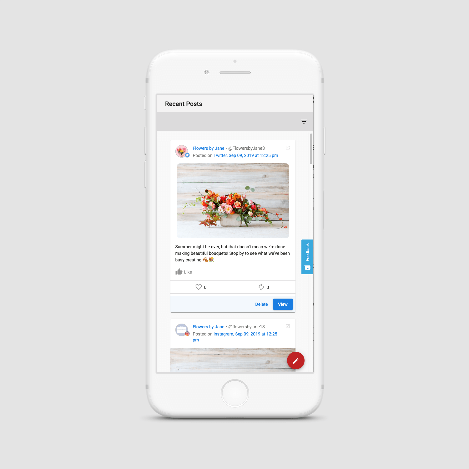 Mobile phone displaying a social media post with a photo of flowers. Text and user icons are visible.