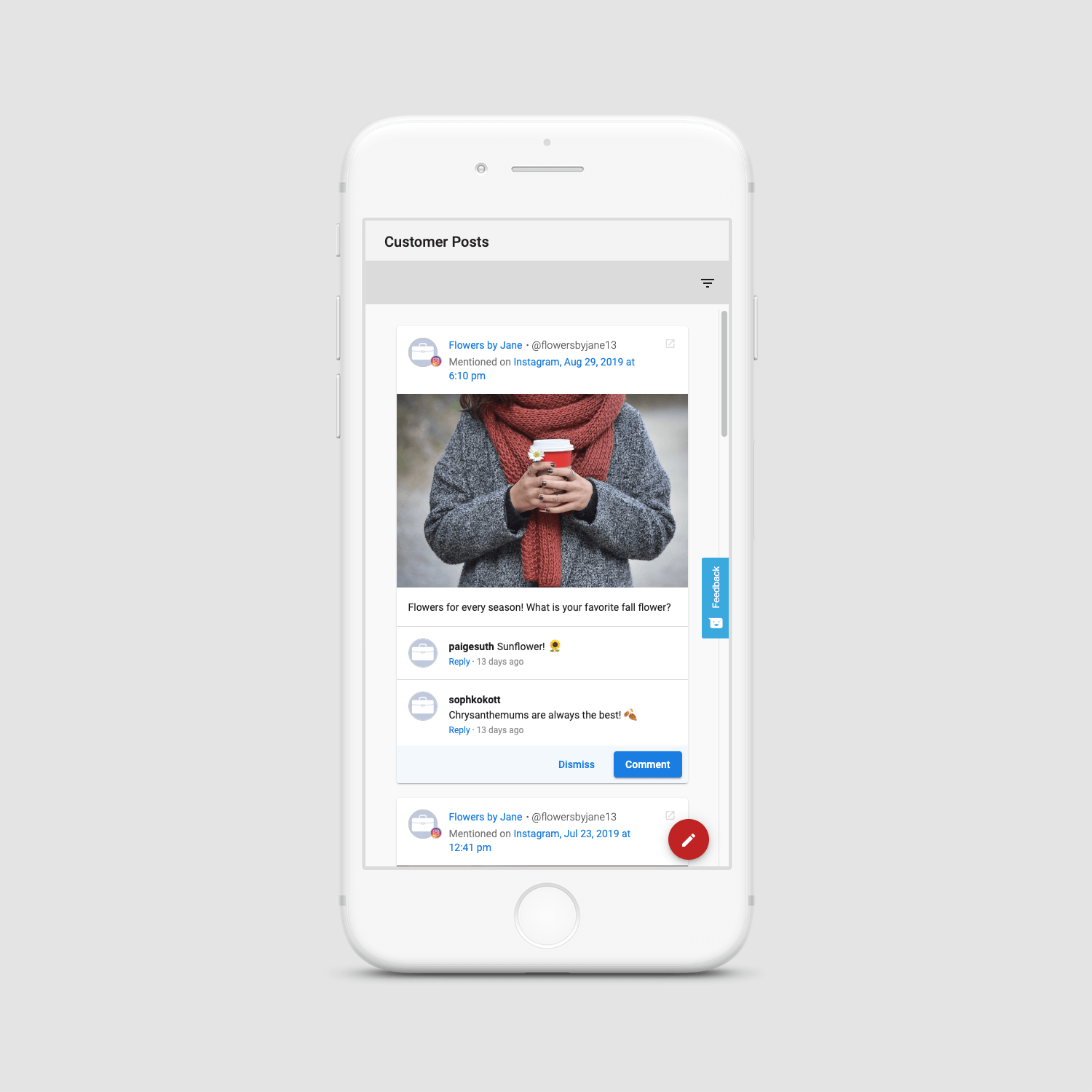 Smartphone screen showing a social media post of person holding a red cup, with user comments below.
