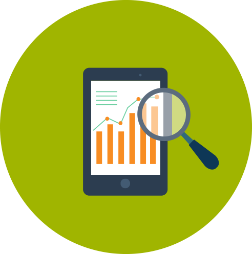 Tablet displaying data charts being examined with a magnifying glass, on a green background.