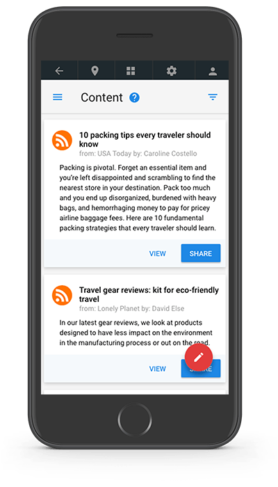 Smartphone displaying a content feed with travel articles.